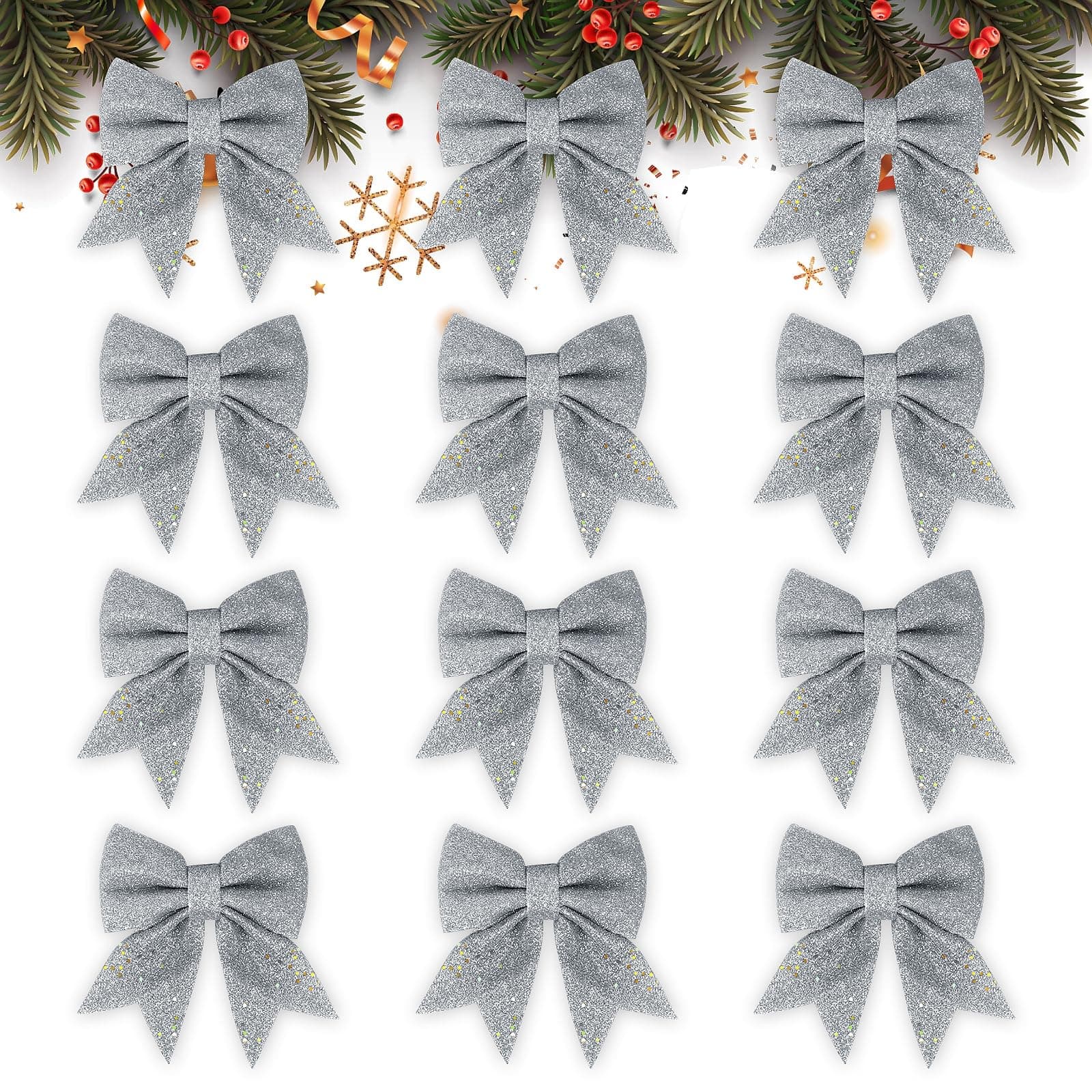 🎄 GXFCING 12 Stück Weihnachtsschleifen Silber Glitzer Schleifen - Weihnachtsbaum Dekoration