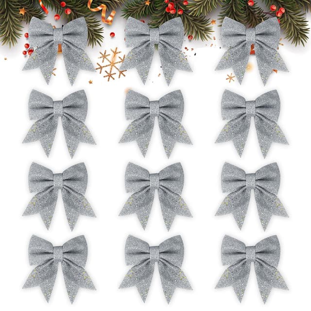 🎄 GXFCING 12 Stück Weihnachtsschleifen Silber Glitzer Schleifen - Weihnachtsbaum Dekoration