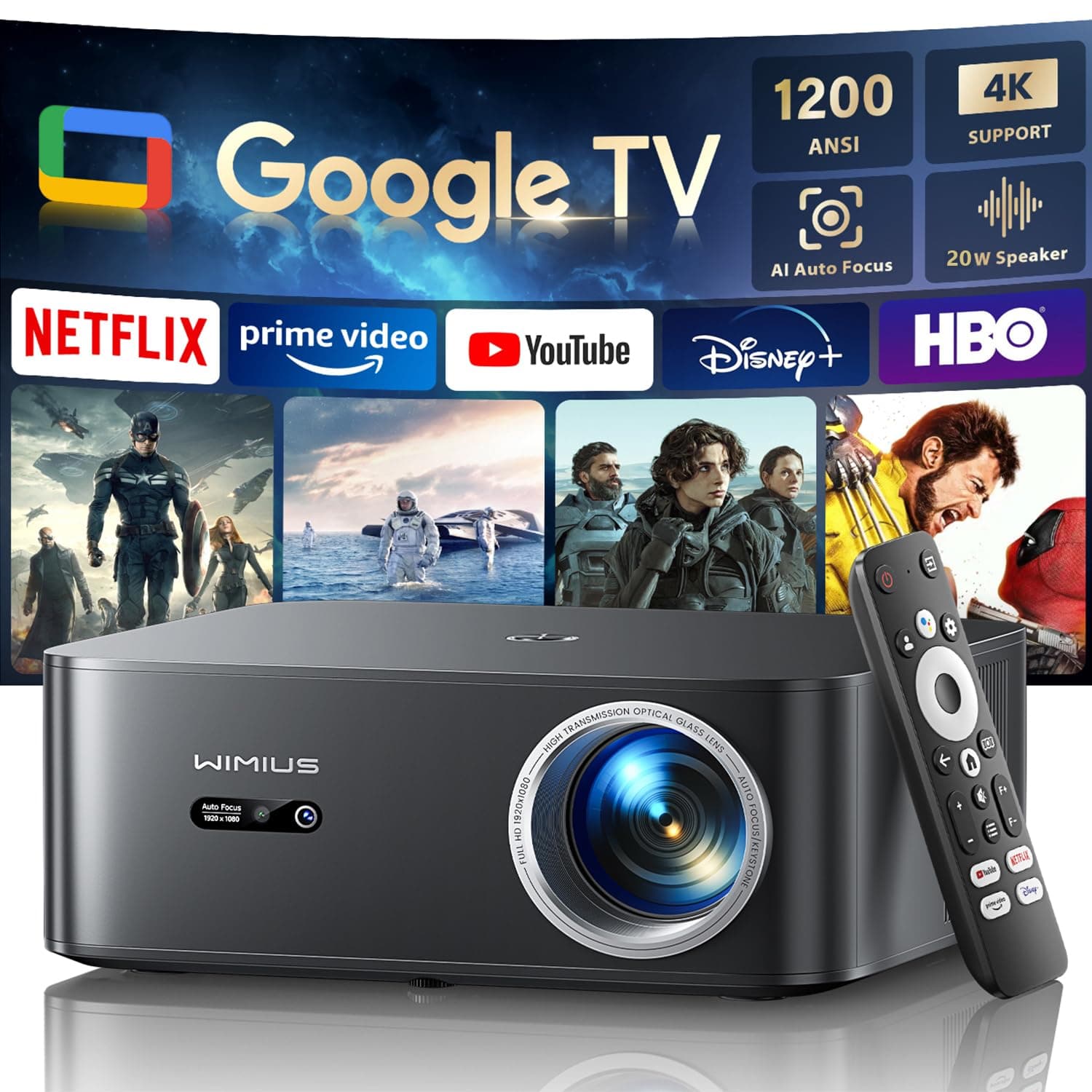 WiMiUS K13 Beamer 4K Heimkino mit Google TV und Netflix Lizenz