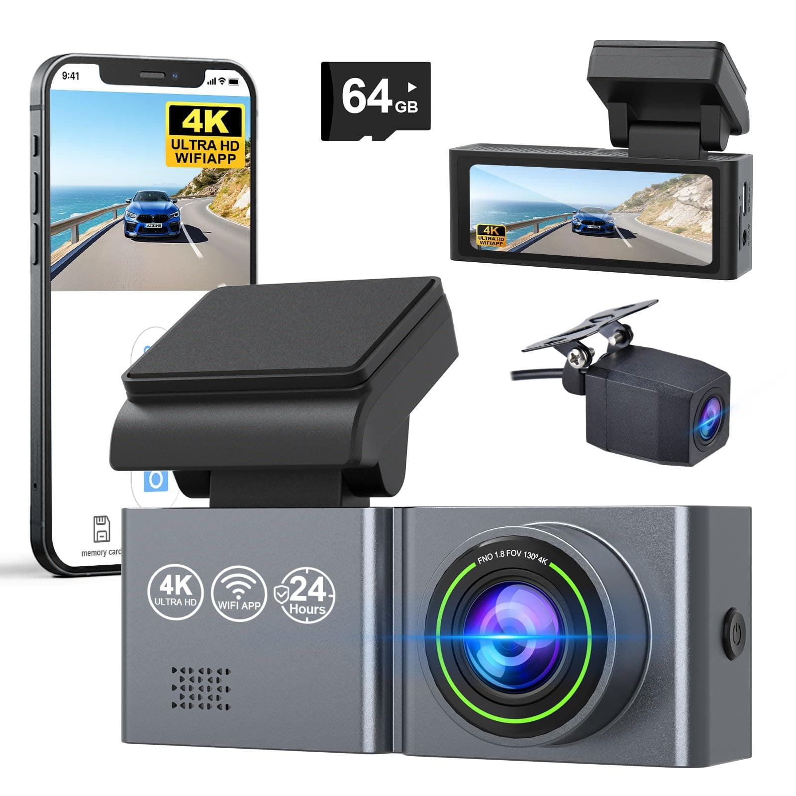 Dashcam Auto Vorne Hinten 4K/1080P WiFi Dash Cam mit 64GB SD Karte