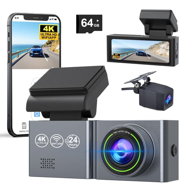 Dashcam Auto Vorne Hinten 4K/1080P WiFi Dash Cam mit 64GB SD Karte