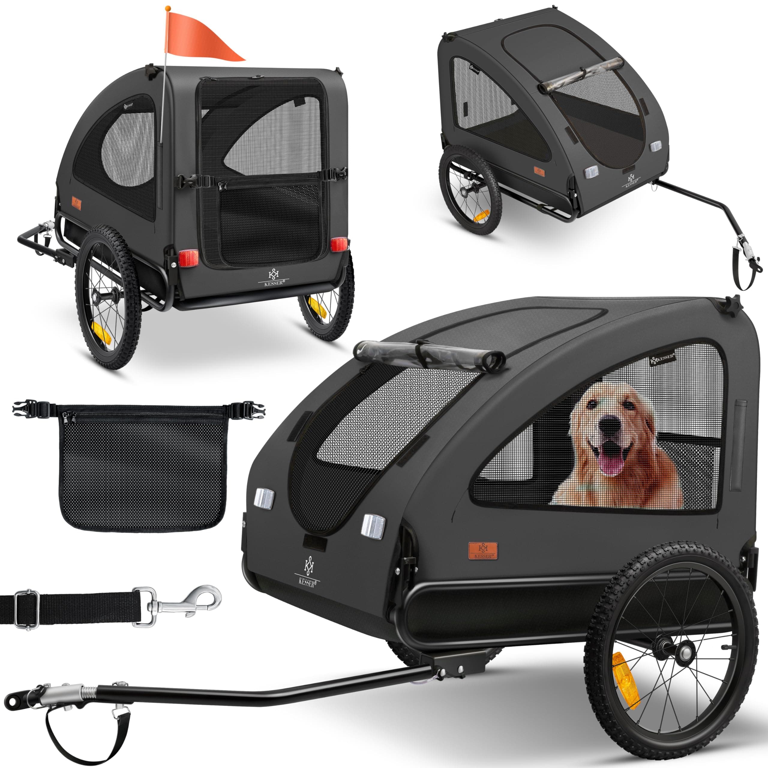 🐾 KESSER® Hundeanhänger Boxer 2-in-1 Hundebuggy Fahrradanhänger groß ca. 250L Volumen 🚲 Inkl. Fahne und Tasche 🎒 600D Oxford Canvas 🌦️ Klappbar SmartSpace Concept 🐕 max. 45kg Anthrazit / Schwarz