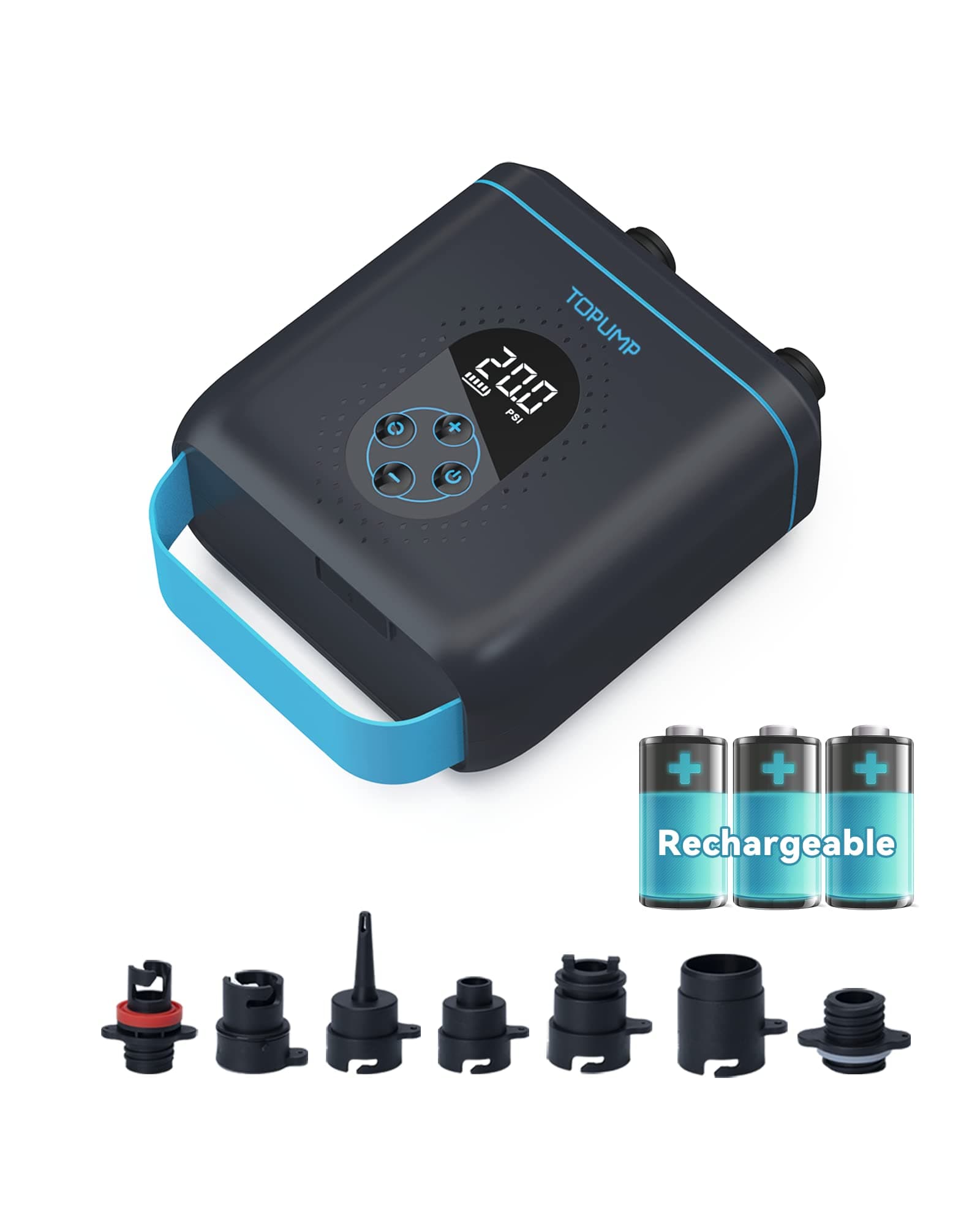 🌊🌟TOPUMP 20PSI Elektrische SUP-Pumpe TPS260, Wiederaufladbar, Auto-Off, 2-Stufen Inflation/Deflation, Typ-C blau