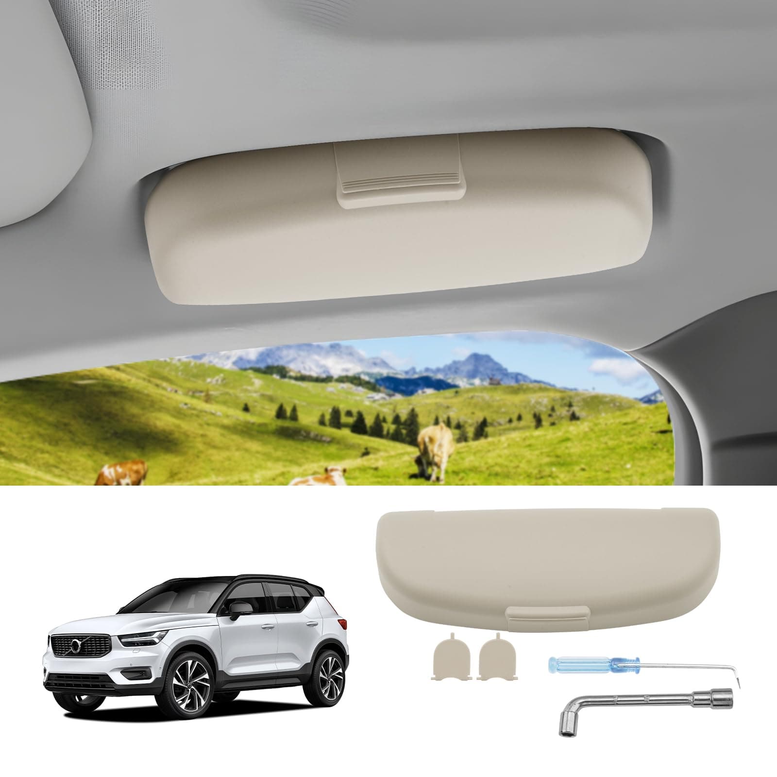 🕶️ LUWU Sonnenbrillenhalter Box für Volvo XC60 S60 V60 XC90 V90 S90 XC40 C40 2018-2024 Brillenaufbewahrungskoffer Volv0 M7 M8 Sonnenbrillen-Organizer für Überkopf-Haltegriff-Zubehör (Beige) 🕶️