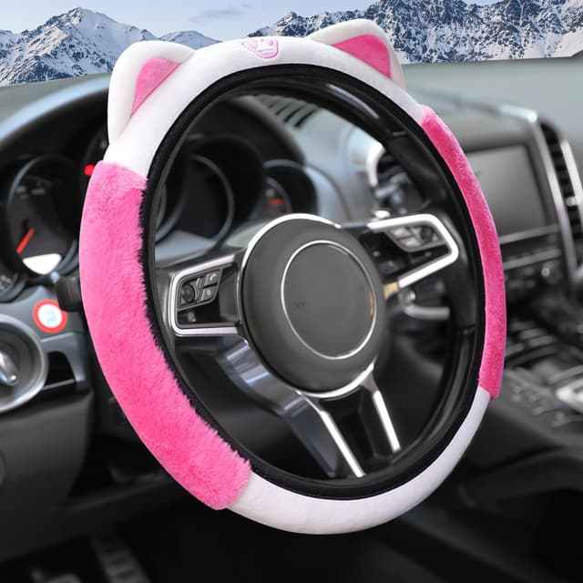 🚗🐱 Flauschiger Autolenkradbezug mit Kätzchenohren - Rose Rot 🌹❤️