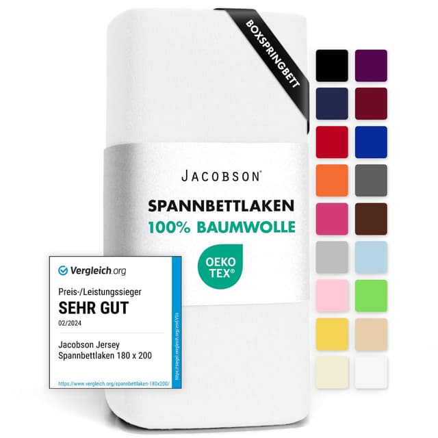 🛏️ Jacobson Jersey Spannbettlaken | 180x200-200x220 cm | Weiß | Angebot
