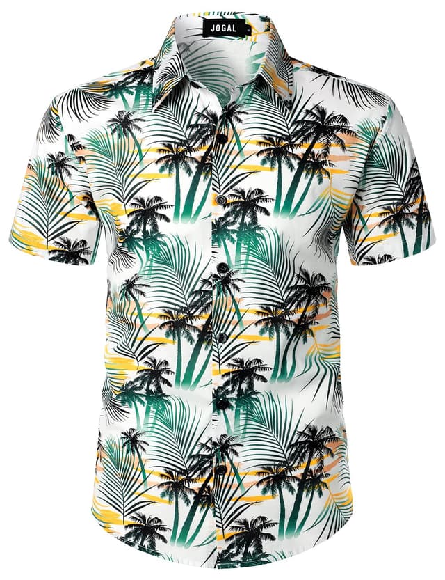 🌺🌴 JOGAL Herren Blumen Kurzarm Knopfleiste Baumwolle Hawaii Hemd L Weißes Cocoleaf 🌴🌺