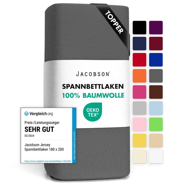 🛏️ Jacobson Jersey Spannbettlaken in Anthrazit - Topper 180-200x200 cm