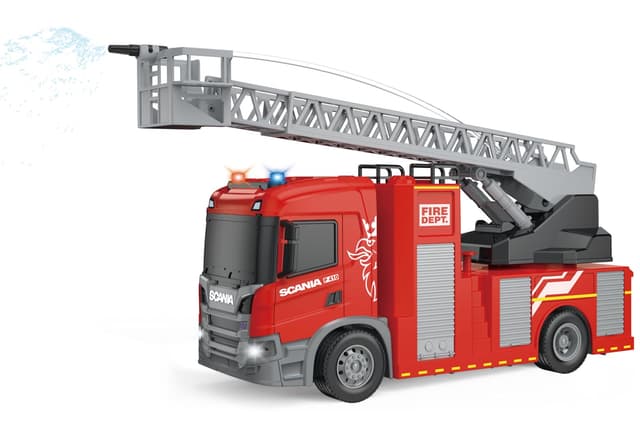 🚒 Kinder Feuerwehrauto Spielzeug - SCANIA 30,8cm Feuerwehr Auto Spielzeug mit Drehleiter, Wasserpumpe, Licht und Sound 🚨