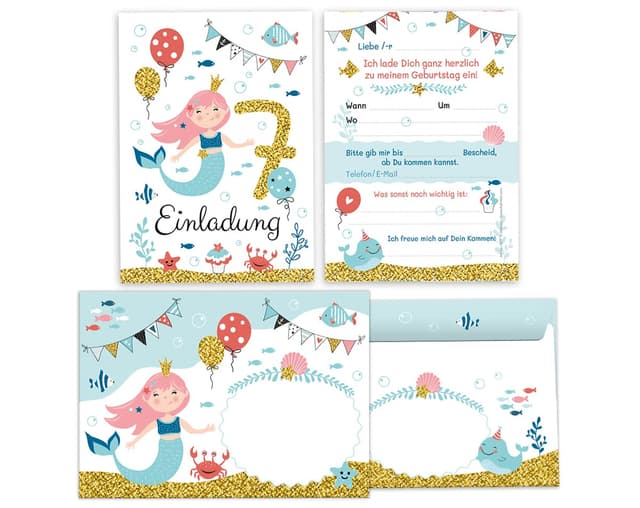 🎉 12 Einladungskarten zum 7. Kindergeburtstag - Meerjungfrau Thema! 🧜‍♀️