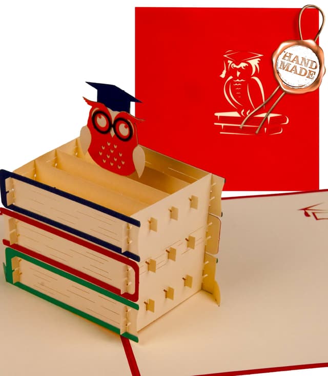 Liebessa 3D Pop Up Karte Schlaue Eule auf Lernbüchern 🦉 - Geschenk zum Abi 2025
