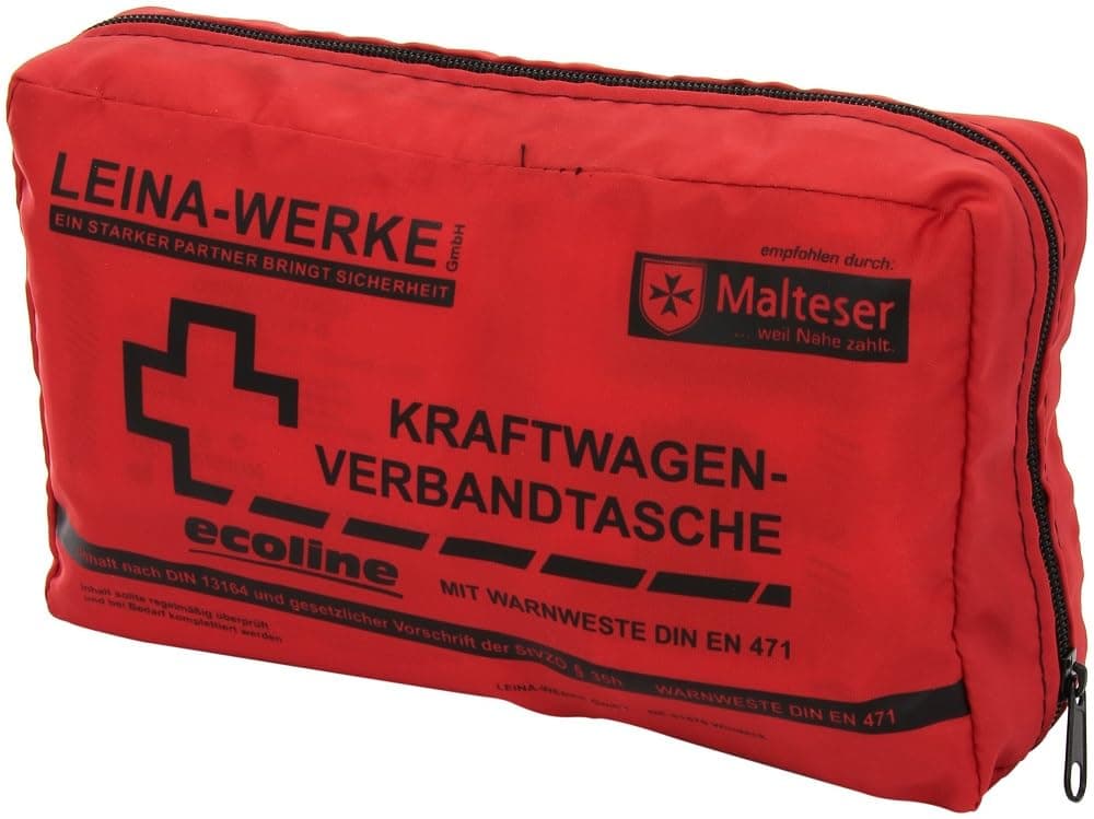 🔴⚫ Leina-Werke 11052 KFZ-Verbandtasche Compact Ecoline mit Warnweste und Klett, Rot/Schwarz Rot/Schwarz mit Klett
