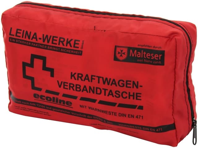 🔴⚫ Leina-Werke 11052 KFZ-Verbandtasche Compact Ecoline mit Warnweste und Klett, Rot/Schwarz Rot/Schwarz mit Klett