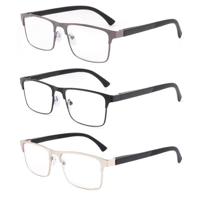 OKH 3er Pack Lesebrille Herren 😎 Blaulichtblockierende Federscharniere Lesebrille Metall Computer Anti Glare Lesebrillen Grau+Schwarz+Silber 2.5x 😎 Grau+Schwarz+Silber 2.5x