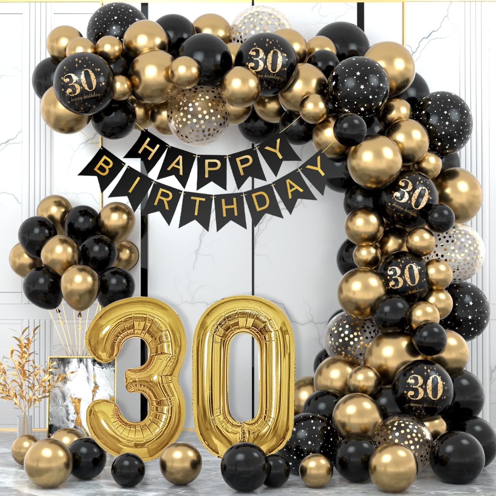 30. Geburtstag Deko Set - Happy Birthday Girlande, Ballons in Schwarz Gold, Konfetti