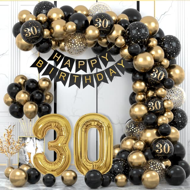 30. Geburtstag Deko Set - Happy Birthday Girlande, Ballons in Schwarz Gold, Konfetti