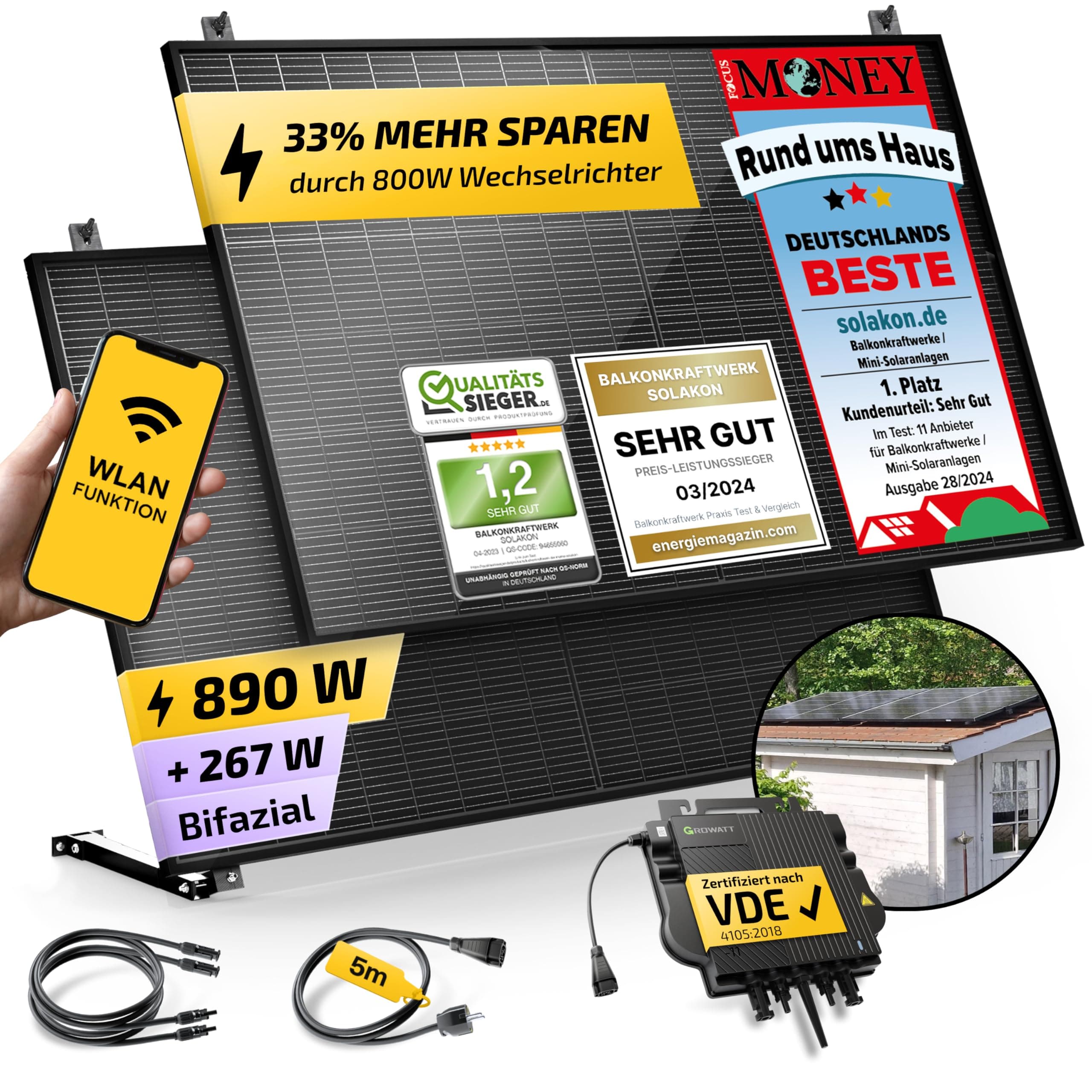 🌞🌱 Solakon 900W Balkonkraftwerk mit Halterung (Gartenhaus) - Balkonkraftwerk 800W komplett Steckdose 🏡