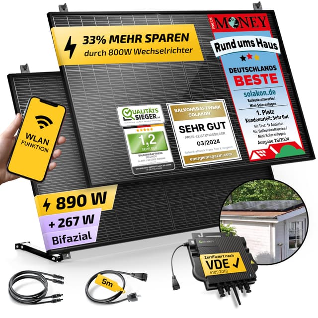 🌞🌱 Solakon 900W Balkonkraftwerk mit Halterung (Gartenhaus) - Balkonkraftwerk 800W komplett Steckdose 🏡