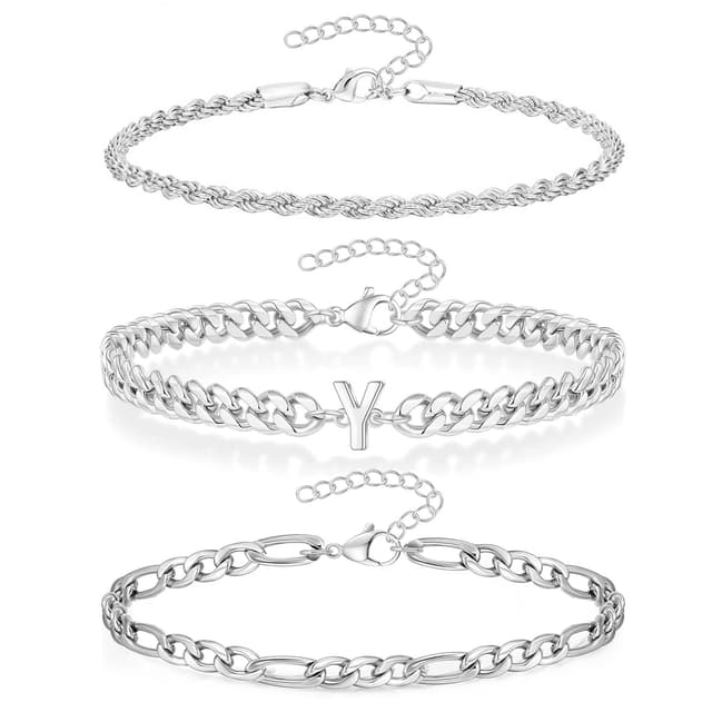 🎁 3 Stück Armband Herren mit Buchstaben, Silber Edelstahl Panzerkette Armband Männer Jungen A-Z Buchstabe Armbänder für Herren Valentinstag Jahrestag Geburtstag Geschenk für Mann Freund Papa Mama Silber Y