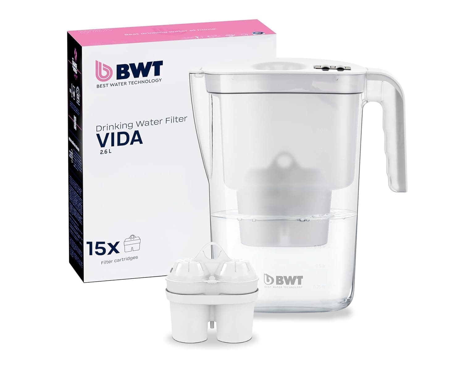 BWT Wasserfilter Vida 2,6L | 🌊 Mit 15 Soft Filtered Water Filterkartuschen | Filtert Kalk, Chlor, Blei & Kupfer 15x Soft + Tischwasserfilter