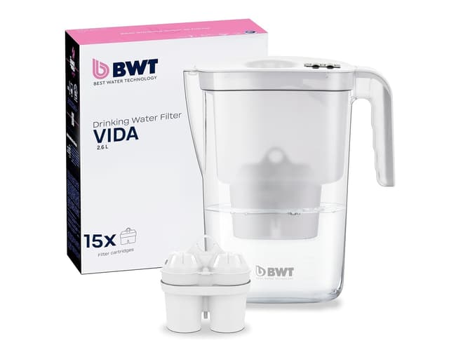 BWT Wasserfilter Vida 2,6L | 🌊 Mit 15 Soft Filtered Water Filterkartuschen | Filtert Kalk, Chlor, Blei & Kupfer 15x Soft + Tischwasserfilter