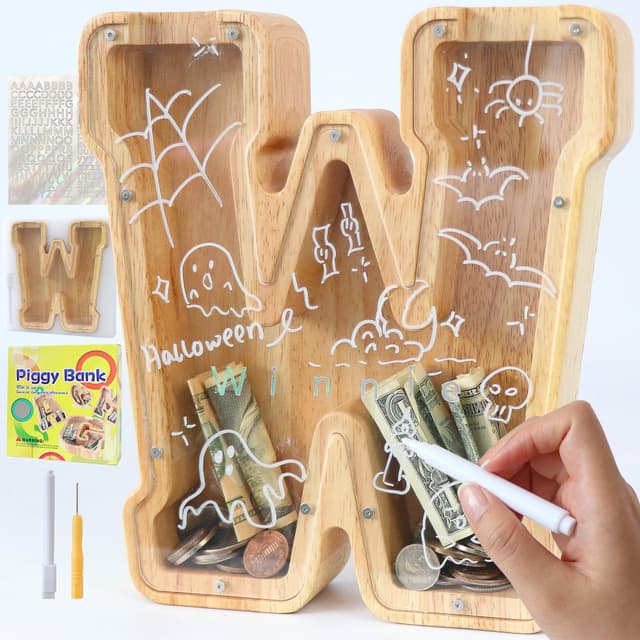 Lakpopya Personalisierte Spardose für Kinder Jungen Mädchen - 🐷 Sparschwein Holz A-Z mit Zielbereich & Aufkleber & Marker, Taufe Geschenk Dekoration (W)
