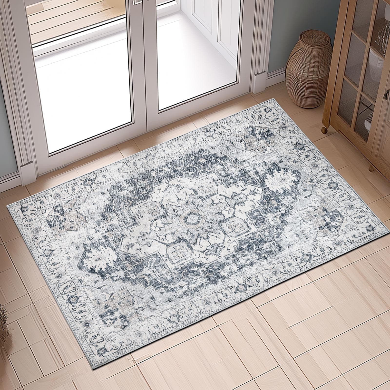🌸 TOPICK Fußmatte 60x90cm Grau Teppich Blumen 🌼