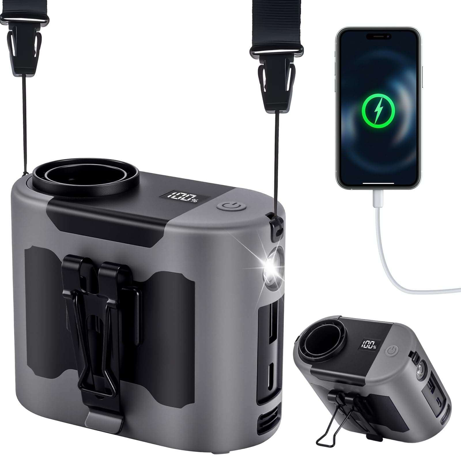 POPERFUN Taillen Ventilator 14800mAh 40H 🌀 Tragbarer Ventilator Wiederaufladbar 🌬️ 5 Geschwindigkeiten 16000U/min mit LED-Beleuchtung Clip Ventilator 🌟
