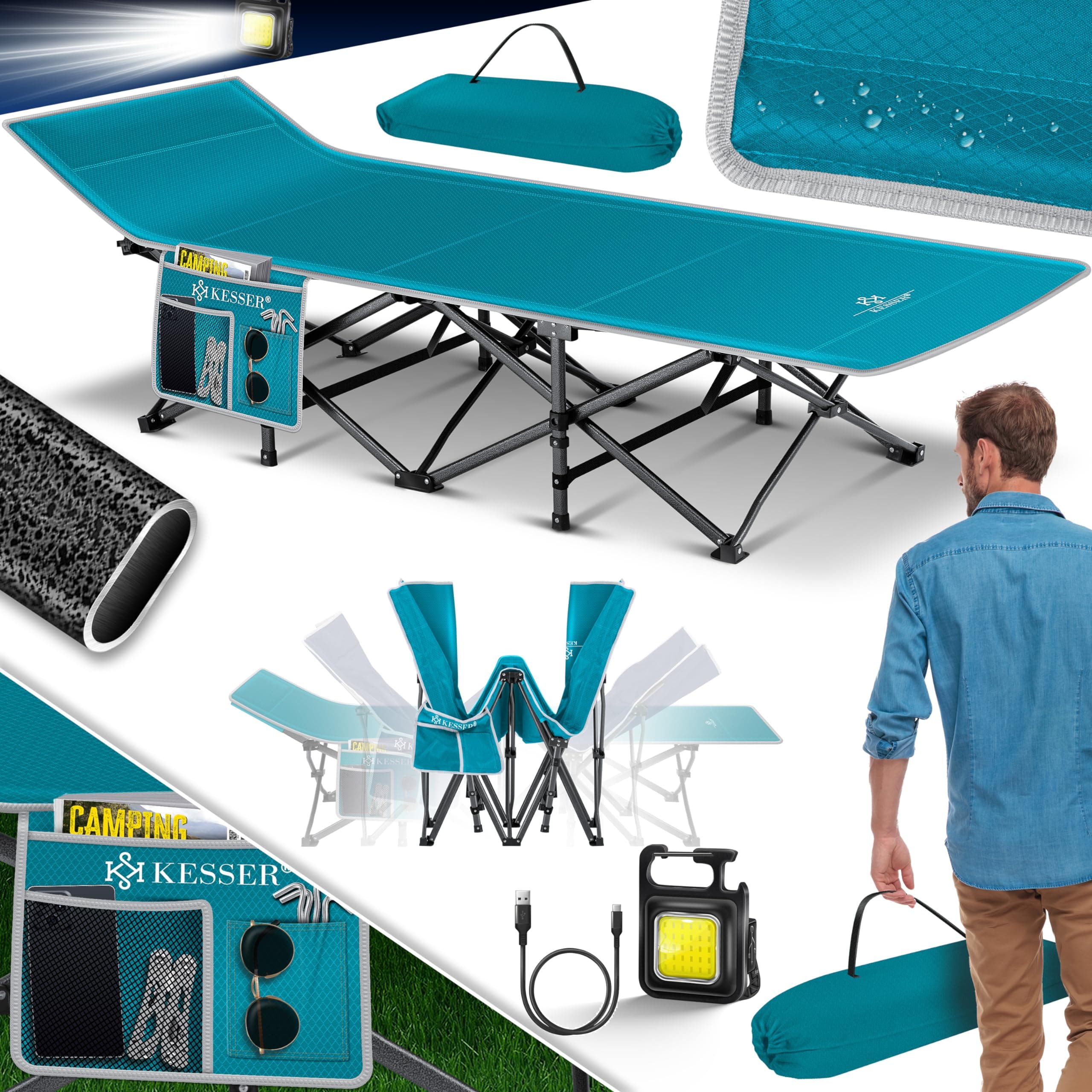 🏕️ KESSER® Campingbett Feldbett Klappbar Klappbett Campingliege inkl. Tragetasche, Campinglicht + Seitentasche Stabiles Feldbett 250kg Belastbar Metallrohr 600D Oxfordgewebe Tragbar Liege Petrolblau 210 cm - Angebot