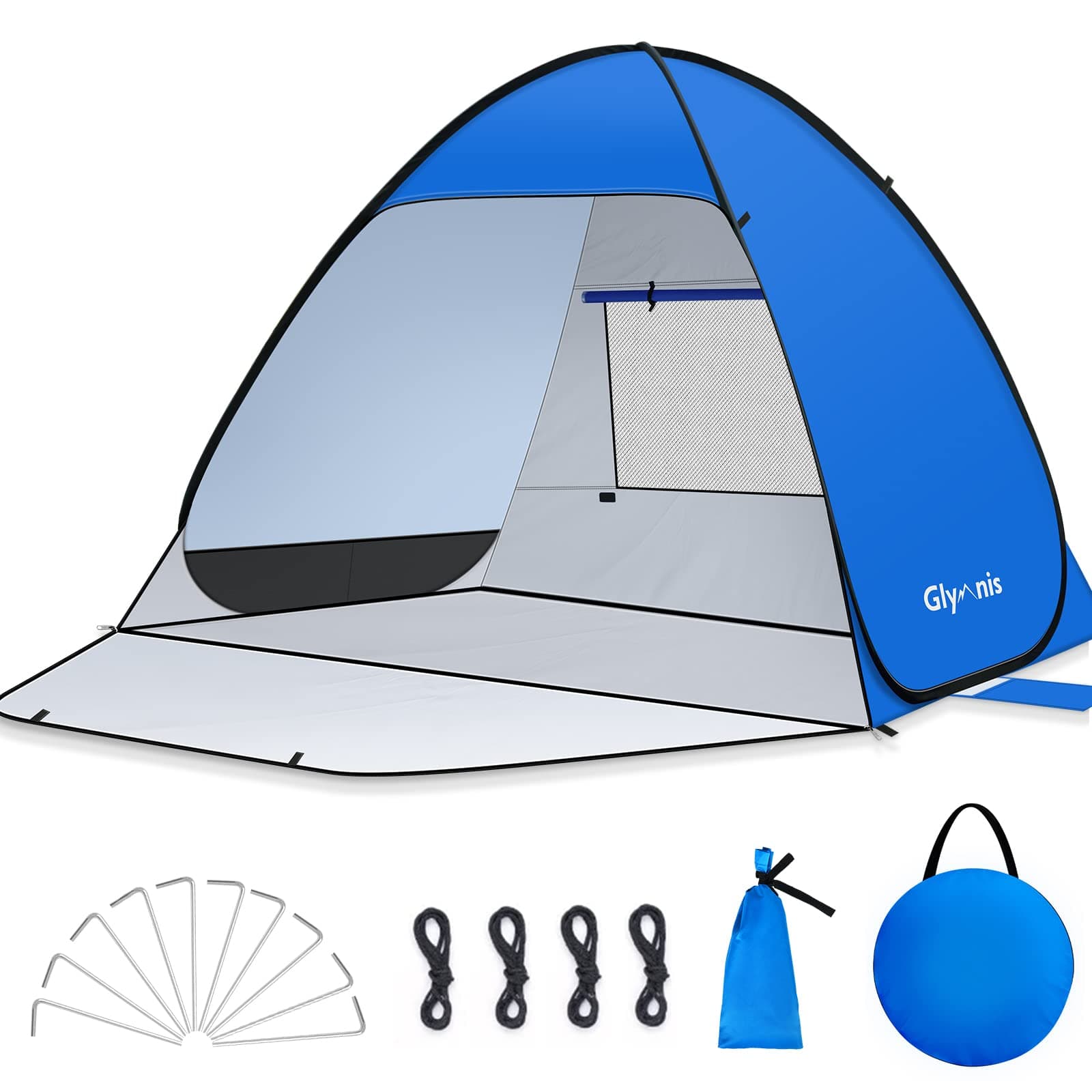 🏖️ Glymnis Strandmuschel Pop Up Strandzelt Strand Zelt mit Reißverschlusstür UV-Schutz 50+ Windschutz kleines Packmaß Blau Strandzelt L/2-3person Blau