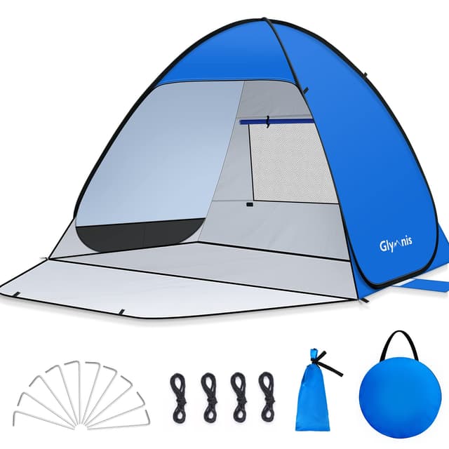 🏖️ Glymnis Strandmuschel Pop Up Strandzelt Strand Zelt mit Reißverschlusstür UV-Schutz 50+ Windschutz kleines Packmaß Blau Strandzelt L/2-3person Blau