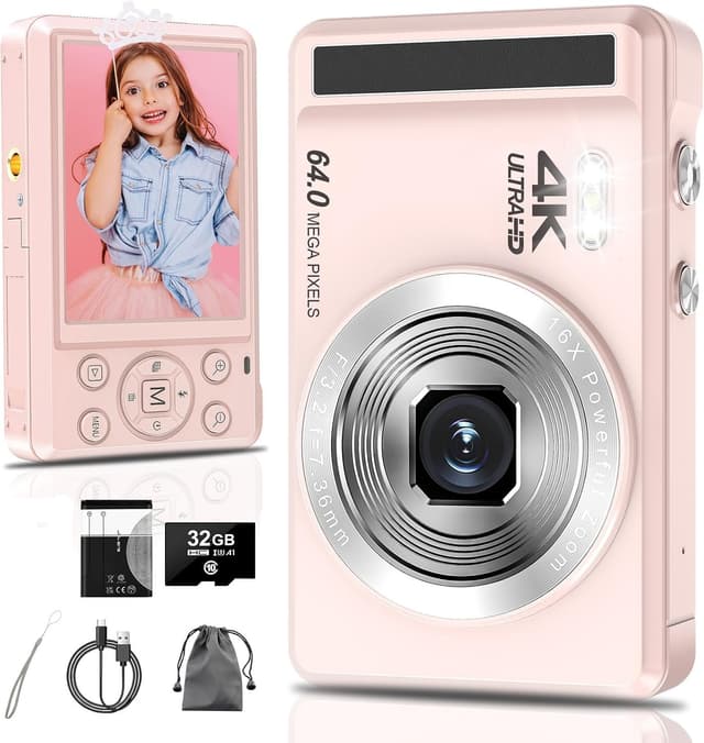 📸 4K 64MP Digitalkamera für Kinder mit 32GB SD-Karte in Vollgröße - Pink