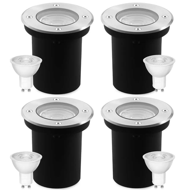 Goodia 4er Set Bodenstrahler Außen Schwenkbar GU10 IP67 Bodeneinbaustrahler Aussen mit LED GU10 3W Warmweiß (Wechselbar) - Rund Bodenleuchten Außen Mit Mattierten Ersatzlinsen 230V 🌟