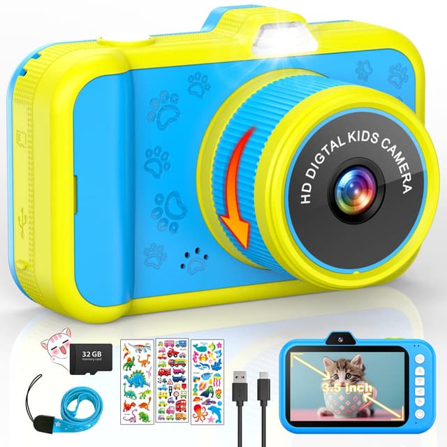 Kinderkamera mit 360°Drehzoom und LED-Blitz | Digitalkamera für Kinder mit 32G Karte | Spielzeug Geschenke für Kinder 3-12 | Blau 📸🎁