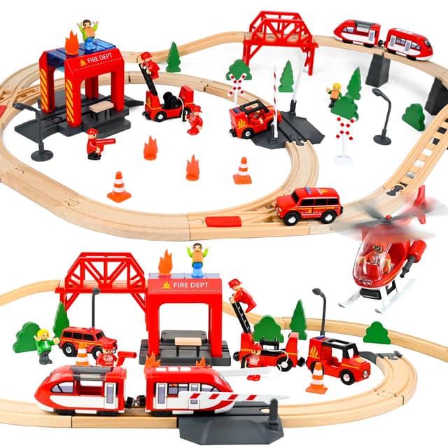 Joellfuner Holzeisenbahn Set Kinder 69 Stück 🚂🚒🚁🧑‍🚒