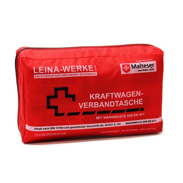 🚗🔴 Leina-Werke 11028 KFZ-Verbandtasche Compact mit Warnweste und Klett, Rot/Schwarz/Weiß 🔴🚗