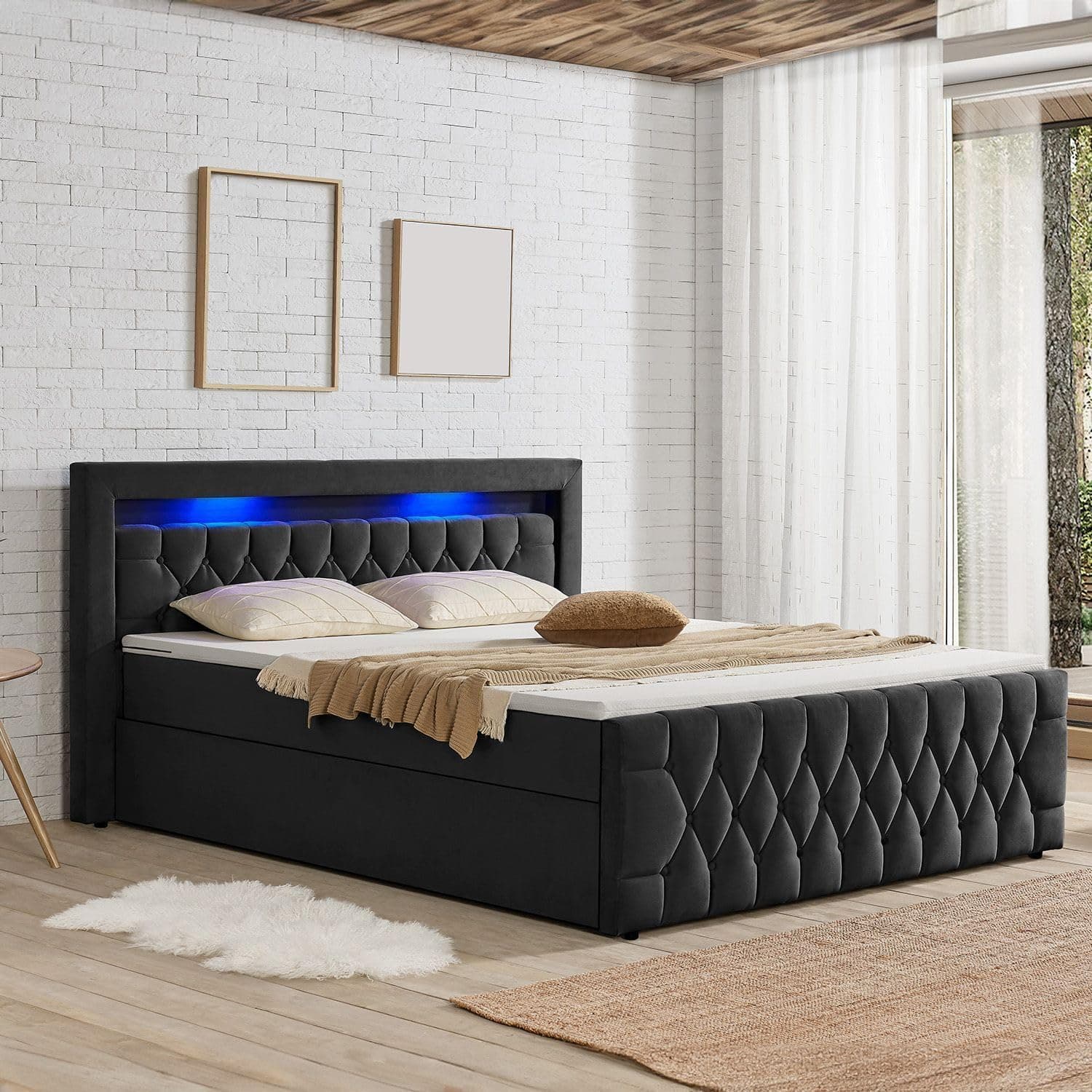 🛏️ Juskys Boxspringbett Leona 140x200 cm mit LED Beleuchtung & Topper
