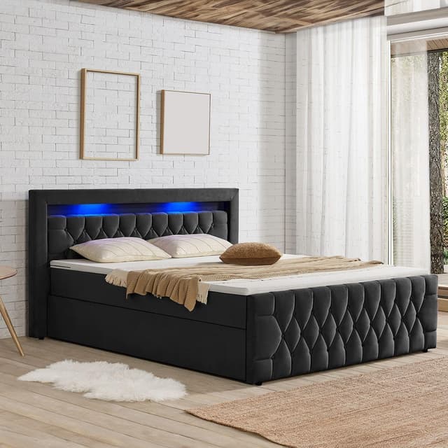 🛏️ Juskys Boxspringbett Leona 140x200 cm mit LED Beleuchtung & Topper