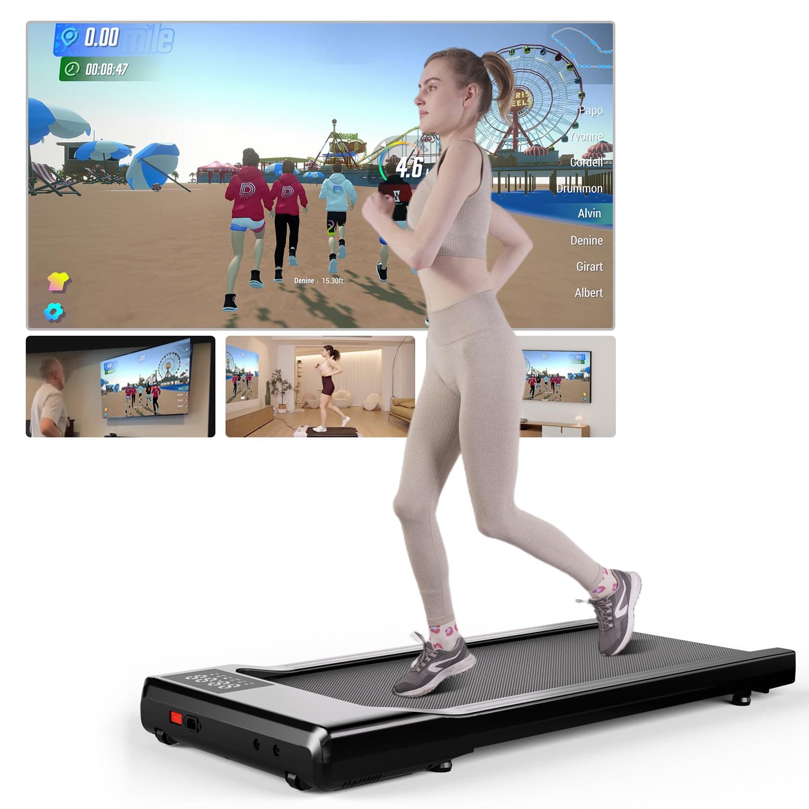 Superun Walking Pad max 159 KG/136 KG, Laufband für Zuhause mit Trainingseinheit, Leise Laufband Schreibtisch mit App und Multiplayer-Rennstrecke 90cm Schwarz