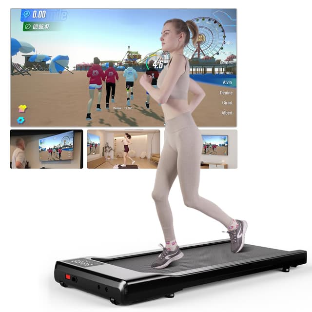 Superun Walking Pad max 159 KG/136 KG, Laufband für Zuhause mit Trainingseinheit, Leise Laufband Schreibtisch mit App und Multiplayer-Rennstrecke 90cm Schwarz