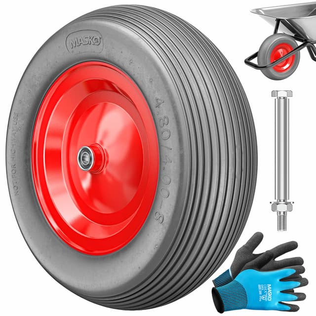 MASKO® PU Schubkarrenrad Vollgummi 200 kg 4.80/4.00-8 Ø 390mm Achse Ersatzrad Gummirad Stahlfelge Reifen pannensicher