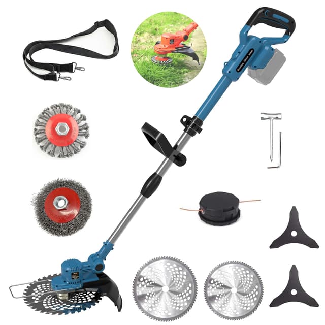 🌿🔋 Akku Rasentrimmer für Makita-Akkus mit 5 Klingentypen - Blauer Bürstenloser Rasentrimmer mit Unkrautbürste