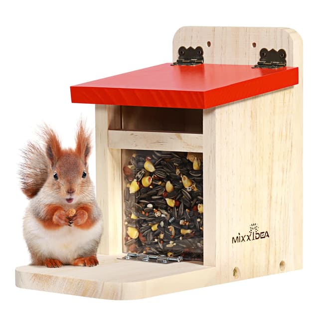 🐿️🌳 MIXXIDEA Eichhörnchen-Futterspender für den Außenbereich, Holz, Eichhörnchen-Futterstation mit grüner Abdeckung 🌰🍃