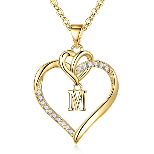 TINGN Kette Herz Damen Halskette Gold Silber ❤️🌟 14K Gold/Weißgold Vergoldet Herz Zirkonia Anhänger Buchstaben Kette Damen Jahrestag Muttertag Geburtstag Geschenk für Mama Frauen Mädchen Freundin Schmuck M - Gold