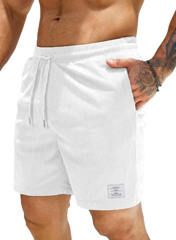 JMIERR Cordshorts Herren Sommer Freizeit Leinen Stretch Baumwolle Elastische Taille mit Taschen M A Weiß 🩳🌞