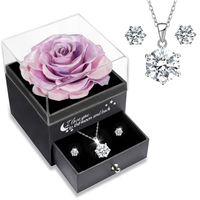 🌹 Sunia Ewige Rose mit Kette und Ohrringe aus 925 Sterlingsilber - Romantisches Geschenk für Frauen 🌹
