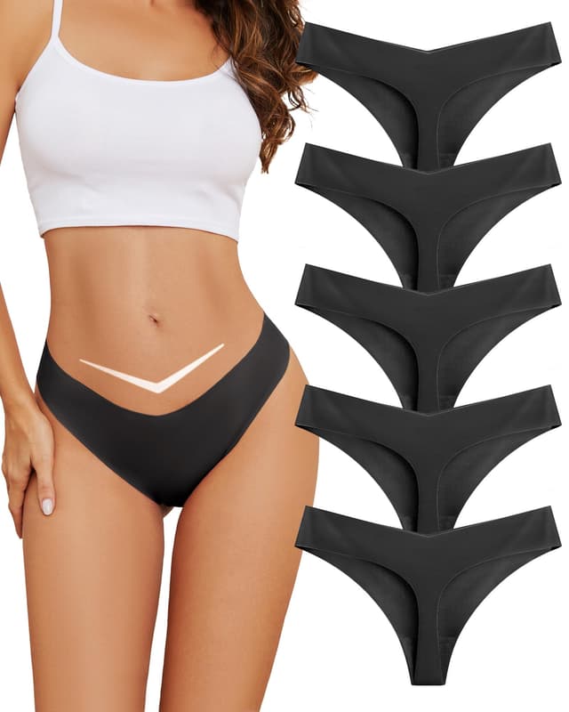 🩲 VOENXE String Tanga Damen Nahtlos, Niedrige Taille Slip Unterwäsche, Frauen Ohne Naht Unterhosen, Sexy Sport Unsichtbar Panty Mehrpack, Microfaser Atmungsaktiv Women Seamless Thong Underwear, 5er-Pack M Schwarz 🩲