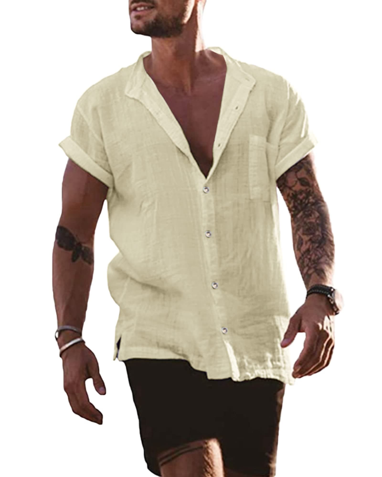 YAOBAOLE Leinen Hemd Herren Kurzarm Sommer Hemden Herren 🌟 Freizeithemd Männer Universal Fit 3XL 01 Beige