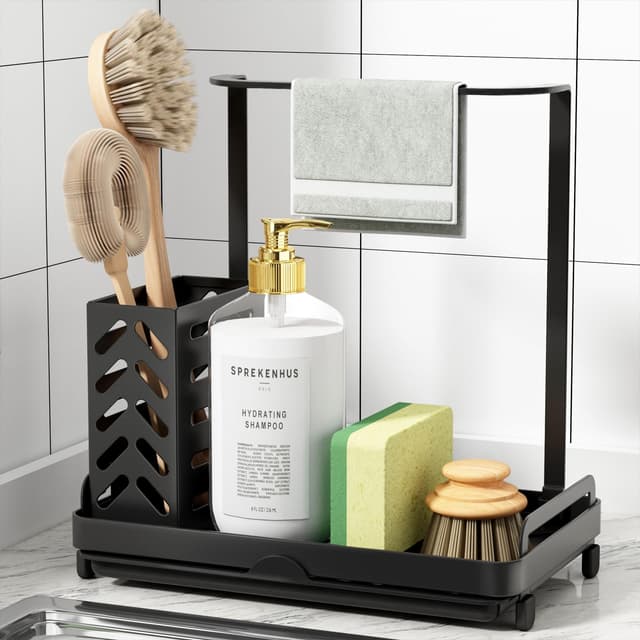 Kitsure Küchen Organizer - Spülbecken Organizer aus Edelstahl 🌟 Multifunktionaler Organizer Küchen mit Abnehmbarer Auffangwanne 🧼 Schwammhalter Küche für Bürsten & Handtücher, Large Schwarz L