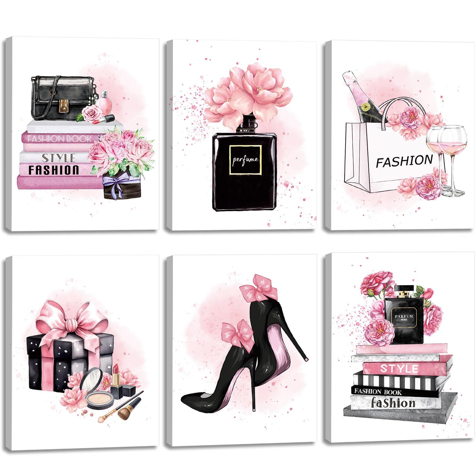 CHDITB 6 Stück Rosa Fashion Poster,Mode Frau Leinwand Wandkunst 🎨👜🌸